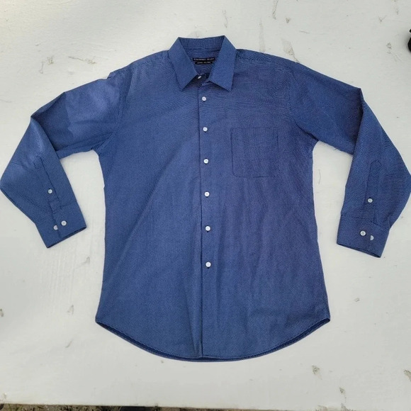 Geoffrey Beene Men Sz 16.5 Button Up Shirt Fitted No Iron Long Sleeve Blue Polka - Picture 1 of 10